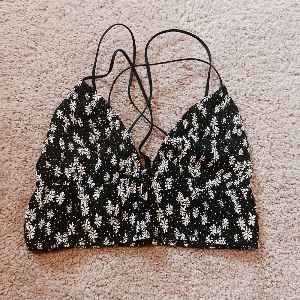VS Pink Daisy Print Smocked Bralette, Size M